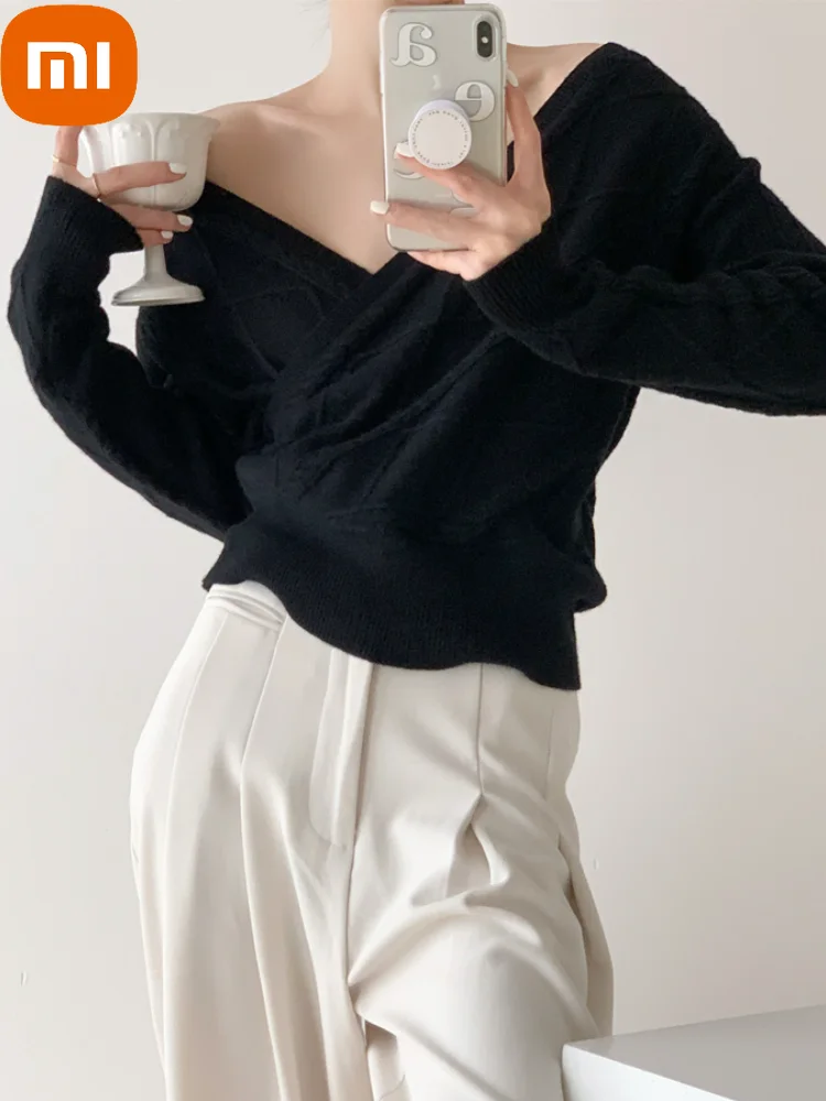

XIAOMI Winter V-neck Elegant Blouse Women Solid Korean Office Female Blouse Long Slevee Knitted Sweater Tops Autumn Clothing
