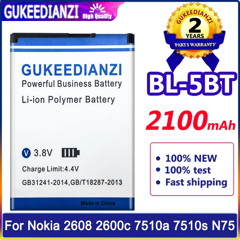 

BL-5BT 2100mAh Bateria Replacement Battery For Nokia NK N75 N76 5140 6120 7510 2600 2600c High Capacity Battery Warranty