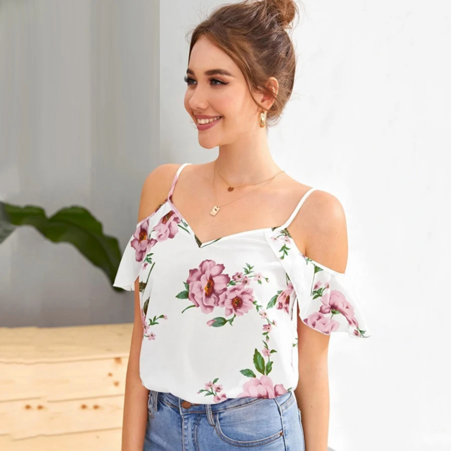 

Women's Sexy T-shirts Summer White Tops Fashion Hollow Out Short Sleeves Tees Ladies Street Casual Off Shoulder Ruffle Blouse