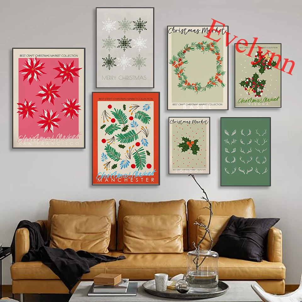 

Christmas Snowflake Red Green Flowers Plant Print Posters Christmas Section Wall Art Modern Home Decor Painting Unique Gift