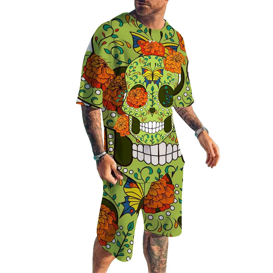 

2022 Summer Men's New Round Neck Multi-pockets, Color Ghost Faces, Digital Printing, Shorts Casual Suit