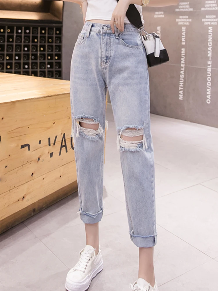 

Casual Distressed High Waisted Jeans With Loose Straight Leg Harlan Cropped Pants 2023 New Korean Fashion Women'S Clothing