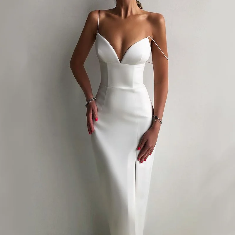 

Tawnie 2022 Spring Summer Spaghetti Strap Split Backless Midi Dress Women Sexy V Neck Sleeveless Bodycon Long Party Dresses