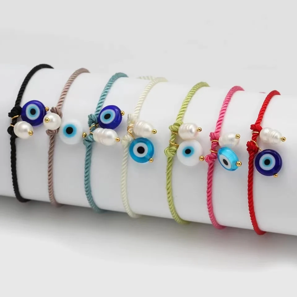 Cute Evil Eye Freshwater Pearl Bead Chram Bracelet For Women Men Beatiful Adjustable Red Bule Black White Rope