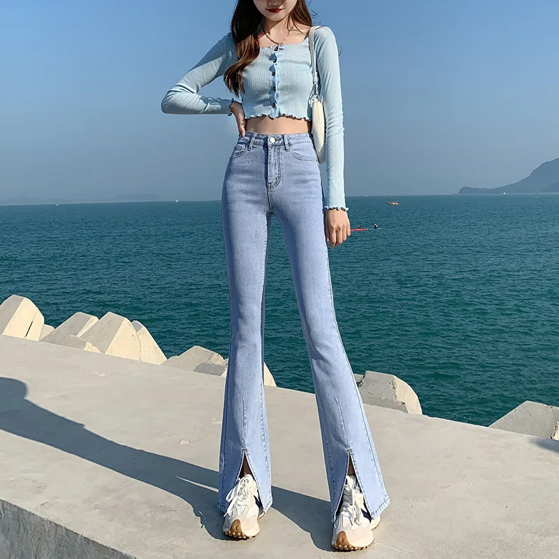 

CGC Vintage High Waist Women Flared Jeans 2022 Korean Fashion Split Straight Denim Pants Casual Streetwear Baggy Wide Leg Jeans