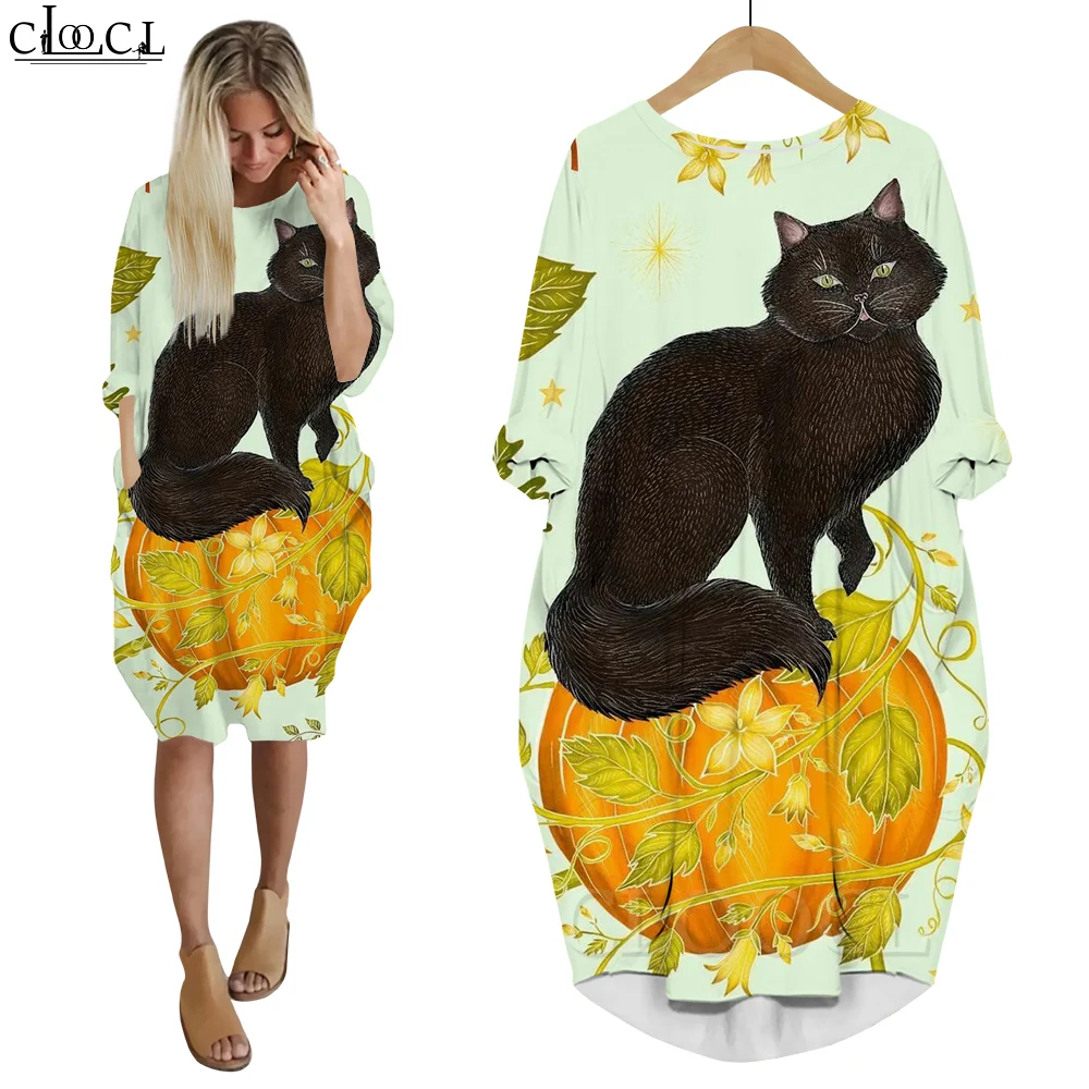 

Платья для Хэллоуина CLOOCL, Осень-зима, новинка, пуловер с длинным рукавом и принтом кошки и тыквы, свободное платье, женская одежда для праздв...