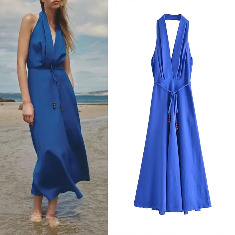 

TRAF Halter Midi Dresses For Woman 2023 Vintage Blue V-Neck Beads Tied Long Dresses Sexy Backless Party Dress Chic Summer Dress