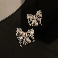 minar cute lovely bling rhinestones bowknot earrings for women silver color alloy knotted dangle drop earrings korean jewelry