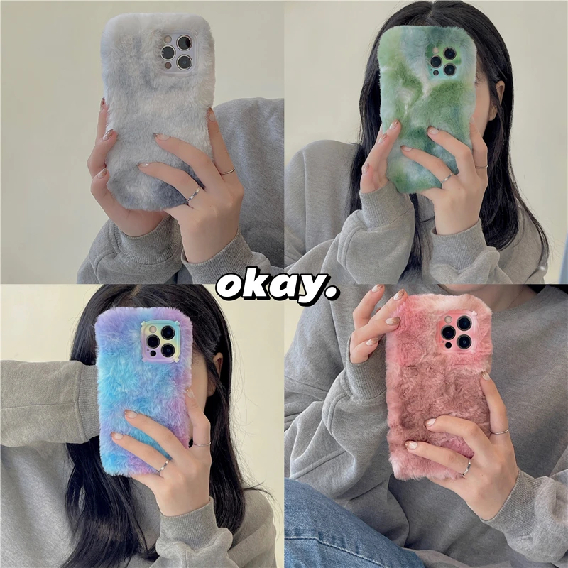 

INS Gradual Plush Fuzzy Phone Case For iPhone 13 12 11 Pro Max XR Xs 7 8 Plus Fashion Luxury Winter To Keep Warm Silicone Cover