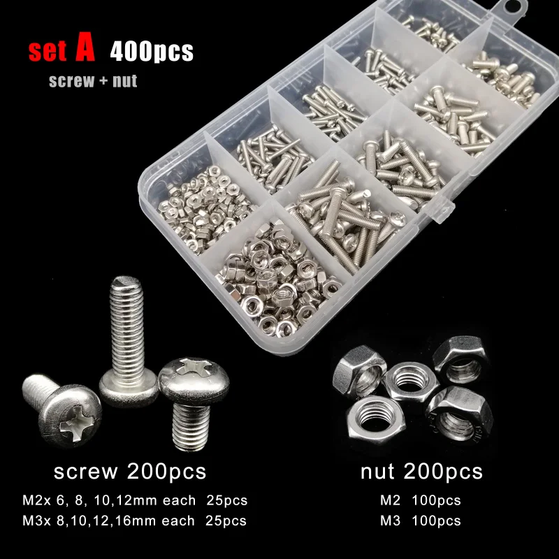 

400-2100x 304 Stainless Steel Cross Phillips Pan Round Head Screw Bolt Nut Washer Assortment Set Kit Box M1.6/M2/M2.5/M3/M4/M5