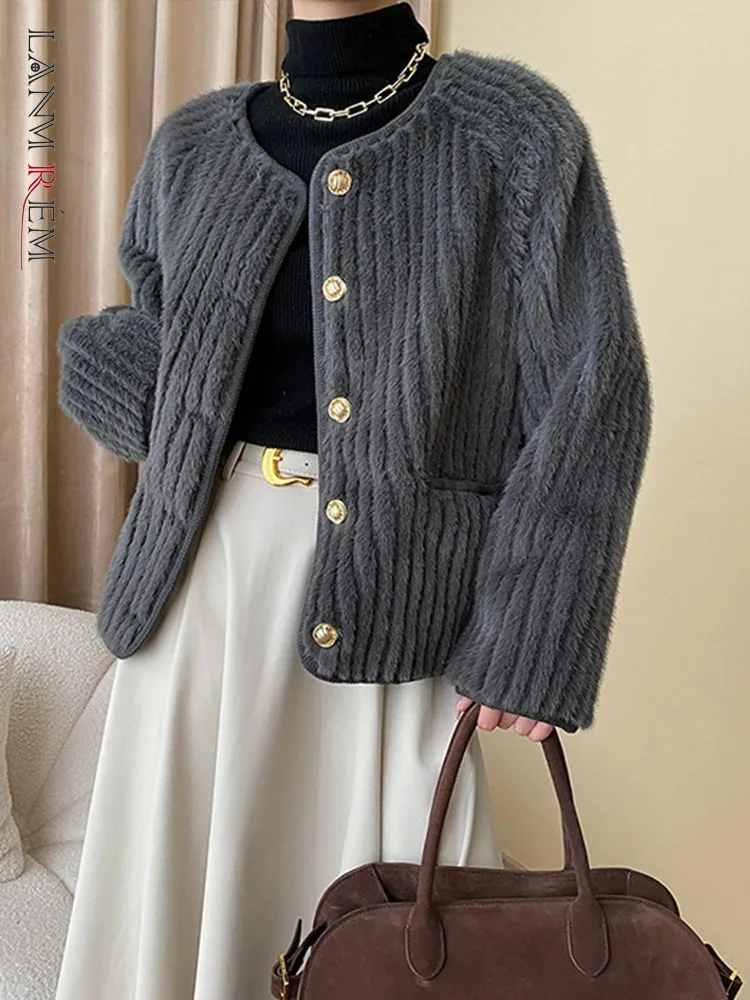 

[LANMREM] Elegant Faux Fur Jackets For Women Round Neck Long Sleeve Single Breasted Elegant Warm Tops 2023 Winter New 26D6623