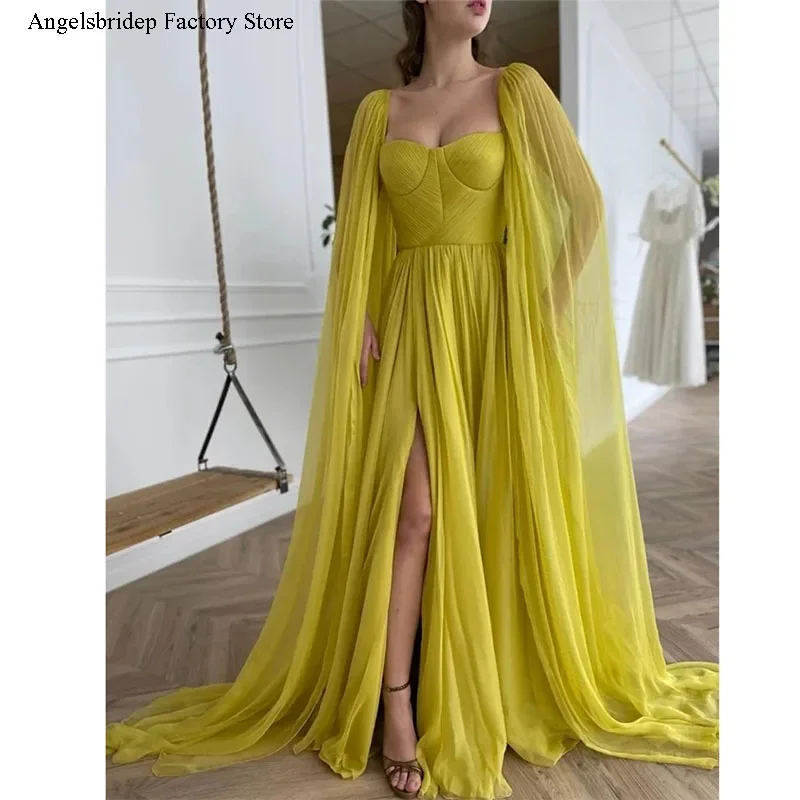 

2 STORE Elegant Citrine Yellow Silk Chiffon Dresses With Long Cape A Line Sweetheart Pleats Side Slit Evening Gowns