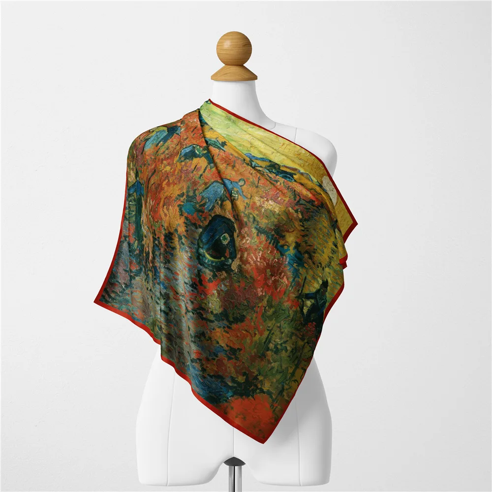 

Женский шелковый шарф из твила с рисунком Ван Гога, красный виноградник, квадратные шарфы, бандана, маленький хиджаб, Шелковый шейный платок...