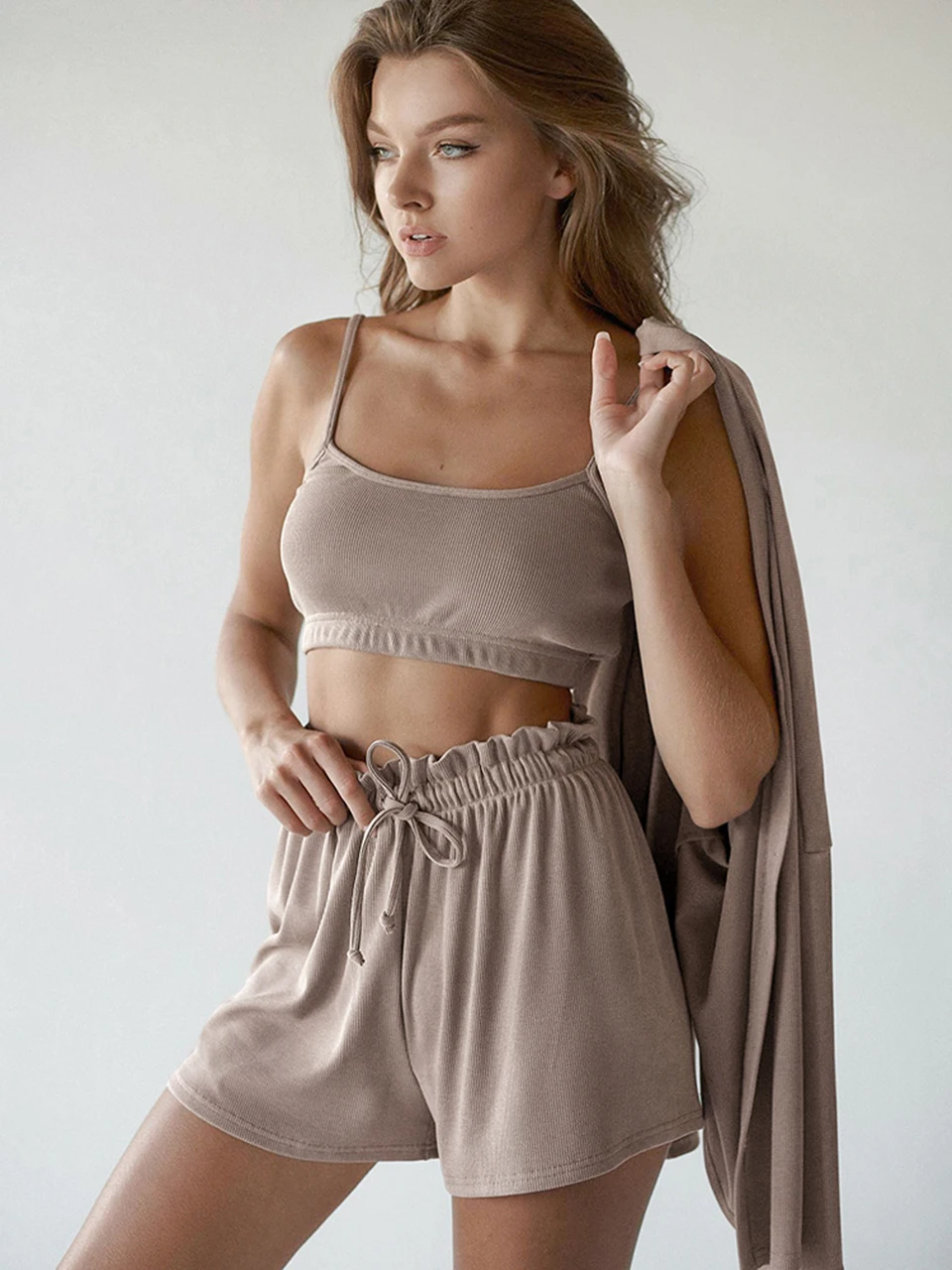 

Linad Knitted 3 Piece Set Women's Home Suit Sexy Spaghetti Strap Suits With Shorts Drawstring Shorts Pajamas For Women Nightwear