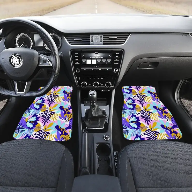 

Blue Purple Leaves Floral Flowers Car Floor Mats Set, Front and Back Floor Mats for Car, Car Accessories