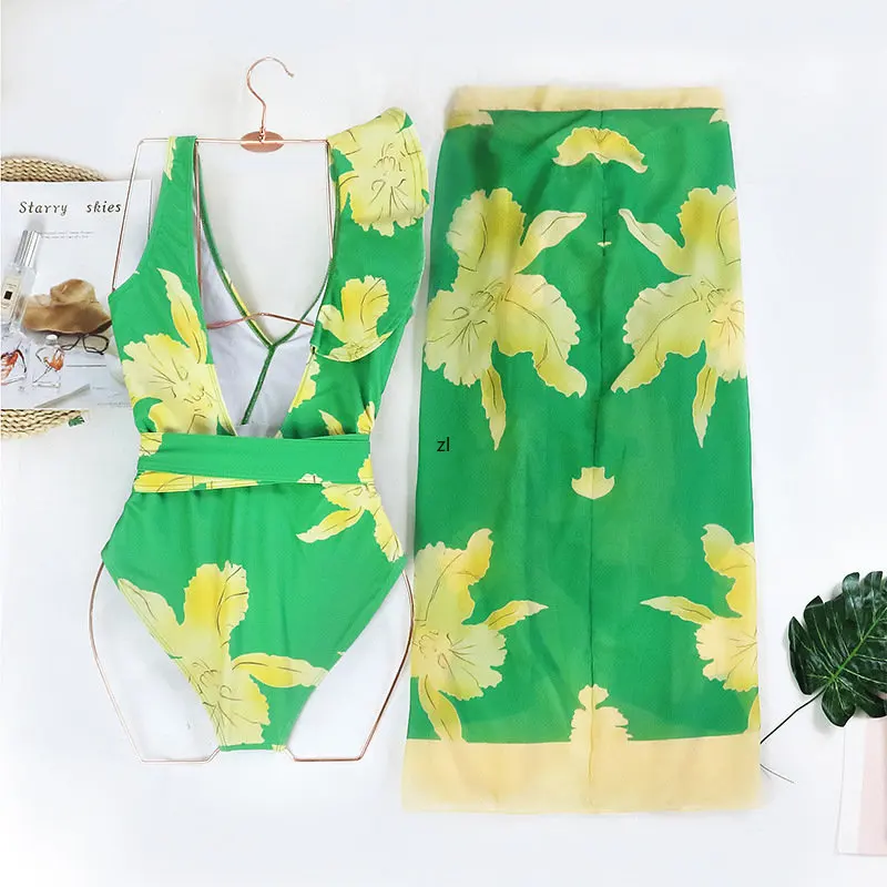 Green Fashion Print V-neck Gathered Ruffled Swimsuit Women Backless Slim High Waist Cut Sexy Cutout Bikini Lace Up Beach Skirt