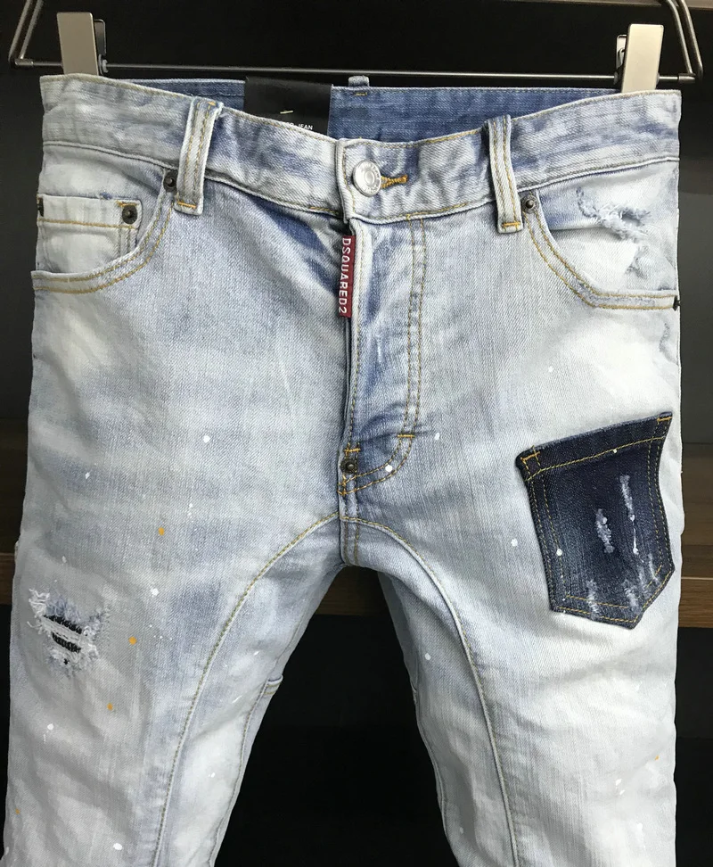 New Men's Dsquared2 Buttons Jeans Ripped For Male Skinny  Pants Men's Denim Trousers Top Quality Slim Jeans A389