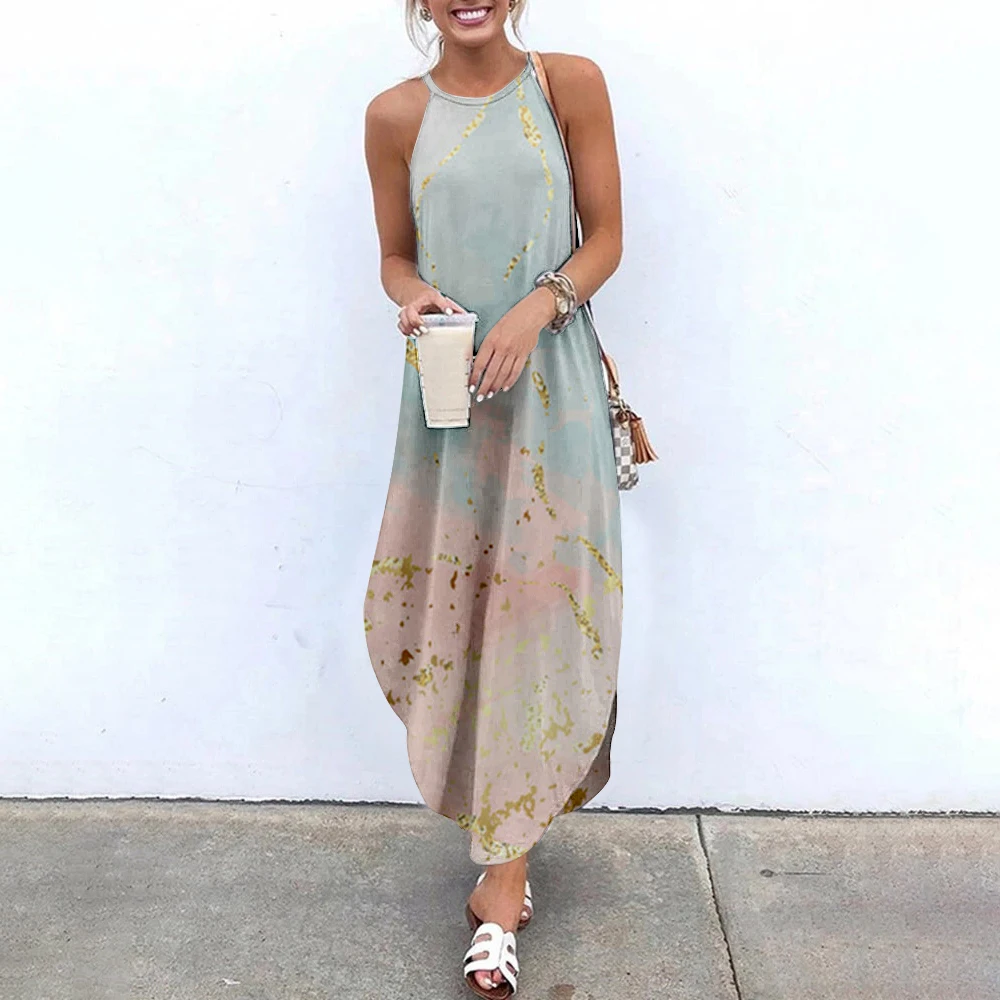 

Marbling Style Dresses Sexy Sleeveless Sundress Women Printed Causal Dresses Ladies Sling Long Dress