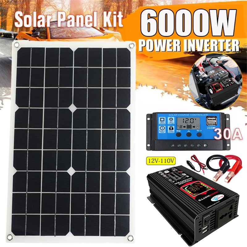 Sistema de generación de energía Solar, inversor de potencia de 6000W con pantalla LCD inteligente, de 12V USB Dual a 110/220V con juego de controladores solares de 30A