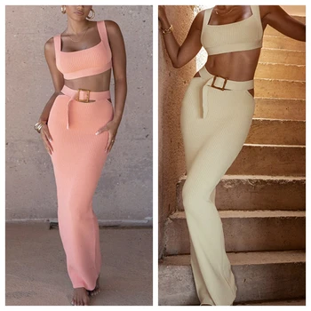Elegant Knit Rib 2 Piece Set Women Summer Sexy Tank Crop Top And Belt Hollow Out Long Skirts Skinny Club Party Outfits Suits 1
