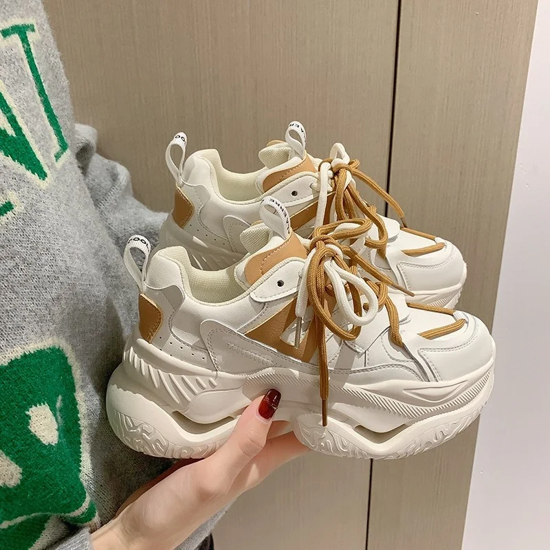 

Новинка, Модные женские кроссовки, однотонная женская обувь на толстой подошве, универсальные кроссовки на шнуровке, повседневная обувь