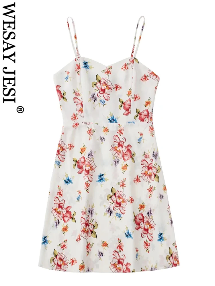 

WESAY JESI Summer One Piece Retro Floral Print Sling V-Neck Lady Dress Lightweight and Comfortable Short Sleeveless Women Dress