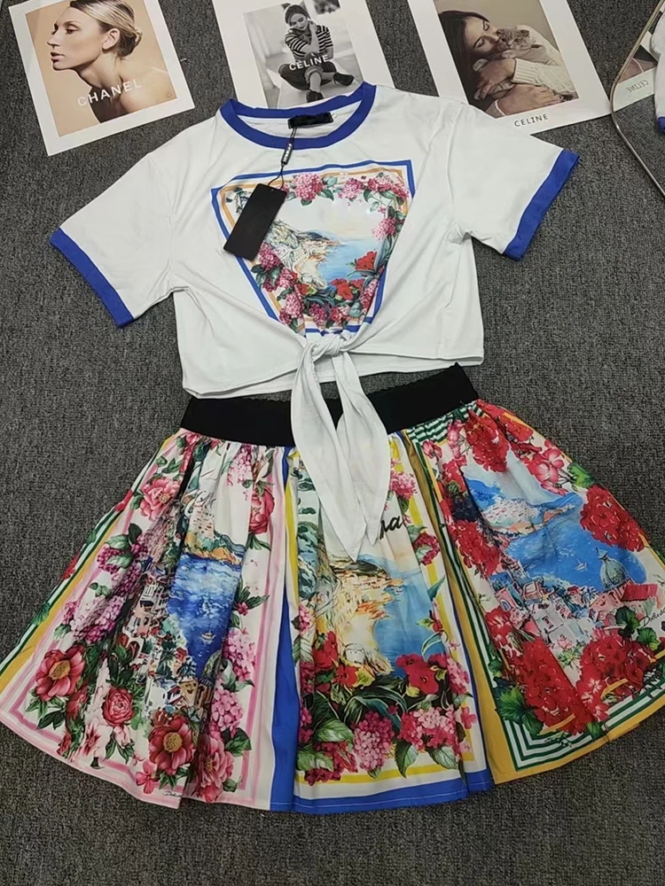 Женский вязаный комплект из двух предметов с винтажным принтом пейзажа