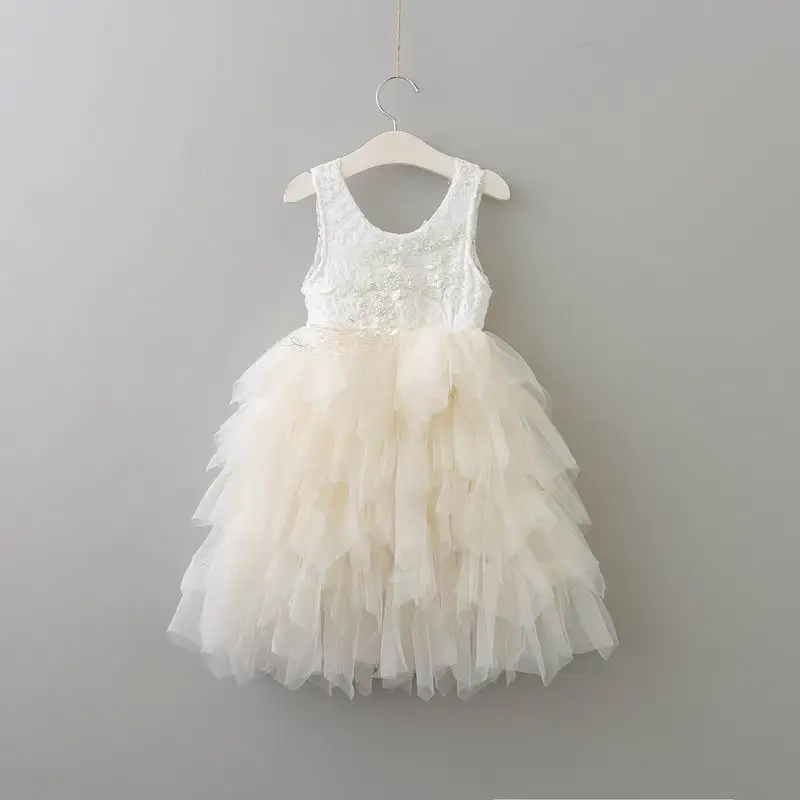 Новое летнее кружевное платье для девочек принцессы с цветами в несколько рядов