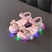 baby girls bow weave children rhinestone non slip soft jelly bottom girl led light luminous pearl princess sandals beach shoes