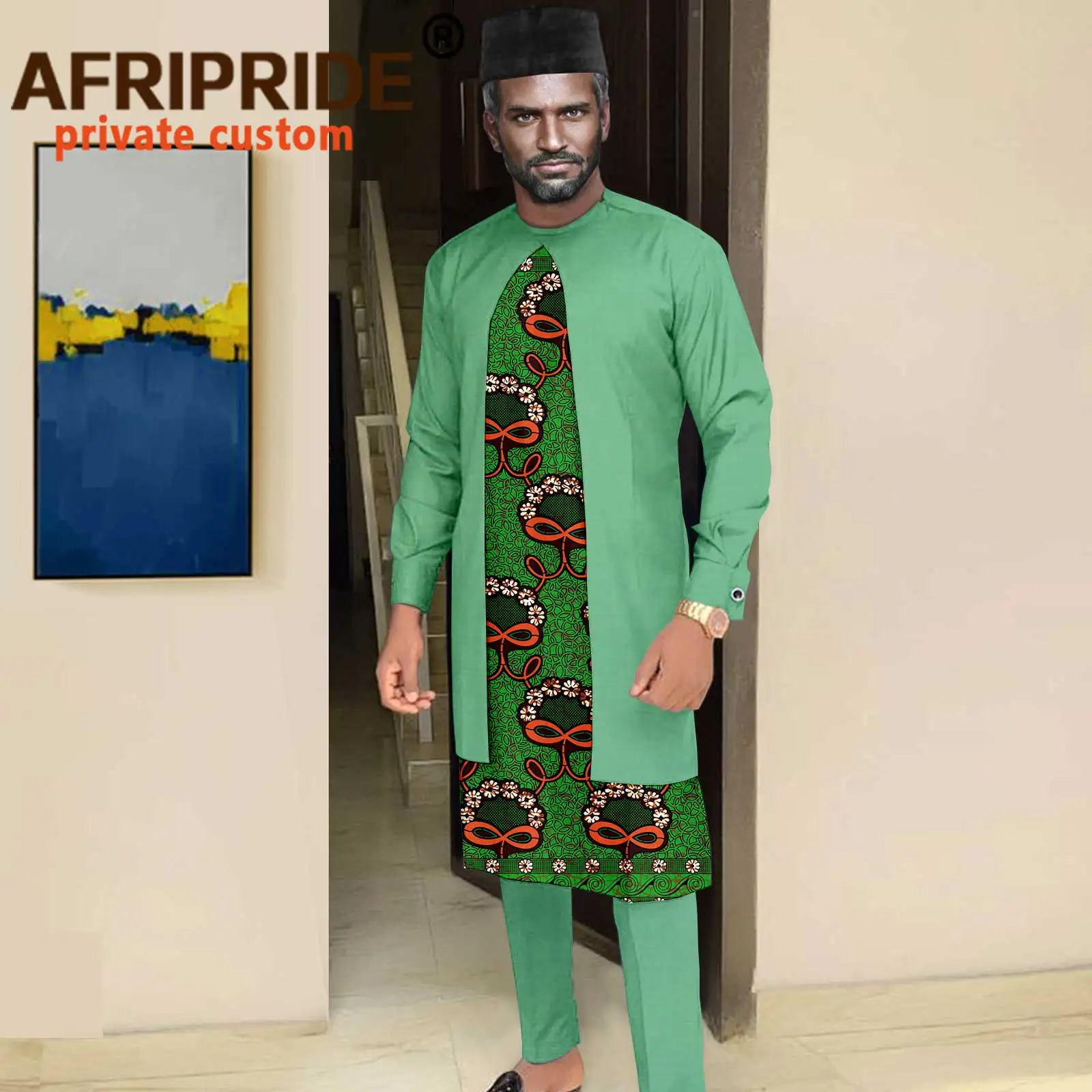 Men`s Suit African Clothing Set Print Outwear Ankara Pants and Cashmere Hat 3 Piece Outfits Tribal Clothes Plus Size A2116003