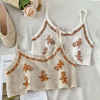 oumea women cotton crochet crop tops beach style floral embroidery sleeveless cute knitting crop tops japan styles chic tops