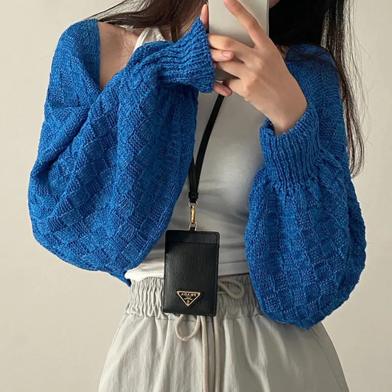 

Женский короткий кардиган с рукавами-фонариками, повседневный свободный трикотажный синий кардиган с V-образным вырезом, корейский стиль, в...