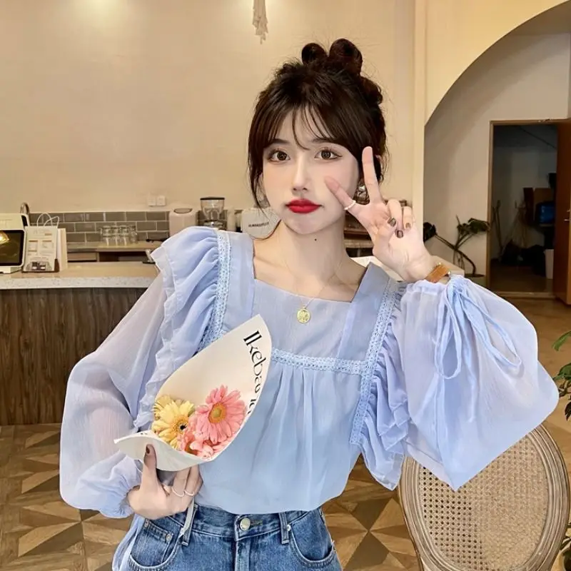 

Blouse Women Sweet Lovely Ladies Long Sleeve Chic Popular Tender Square Collar Solid Loose Mujer Hot Sale Feminino Shirts H77