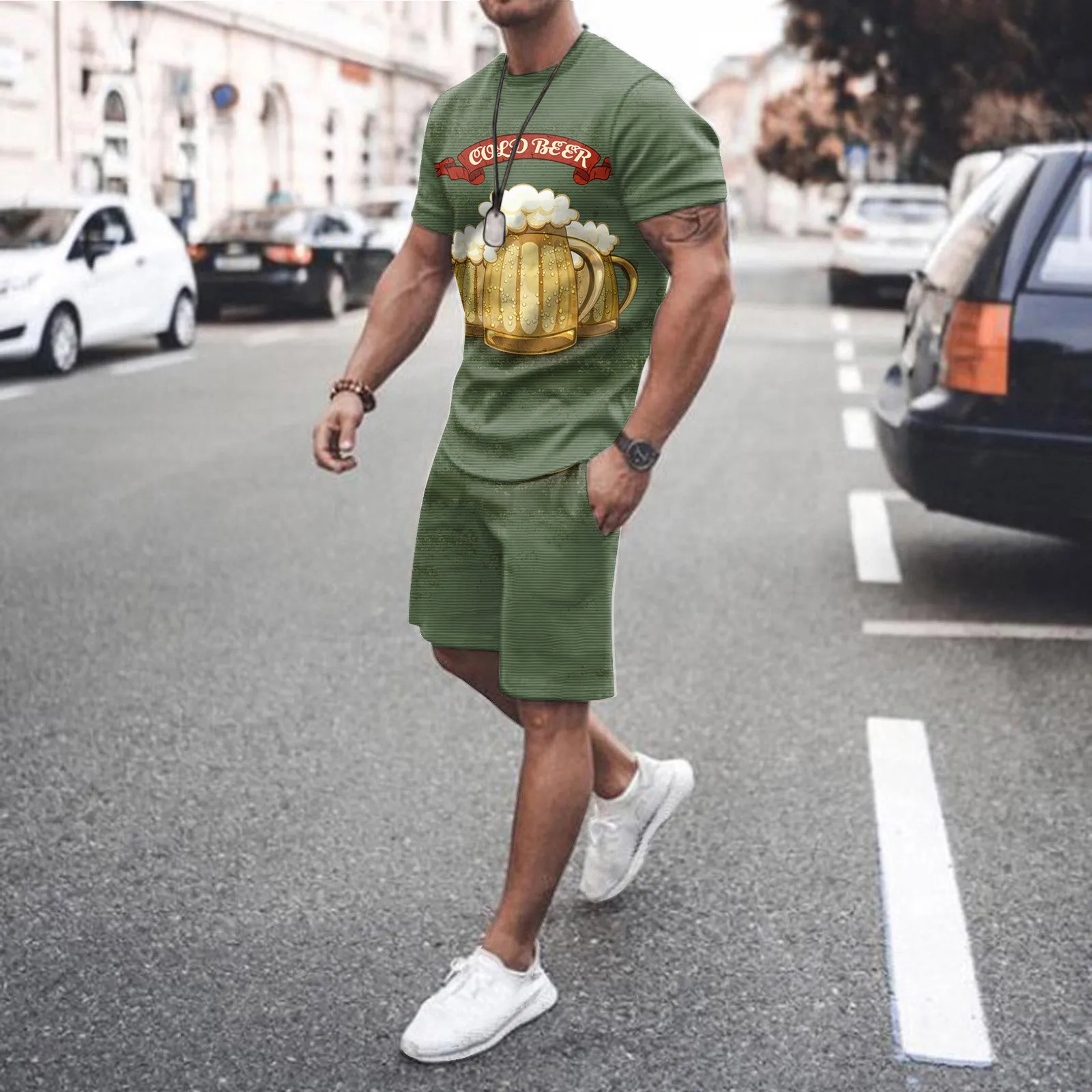 Men'S Sets Summer Printing Tracksuit Men New Fashion Casual Short Sleeves T-Shirt+Shorts 2 Piece Set Male Sportswear Oversized