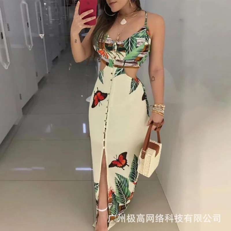 

2022 Female Dress Sexy Embellished Buckle Cut Hollow Print Dress