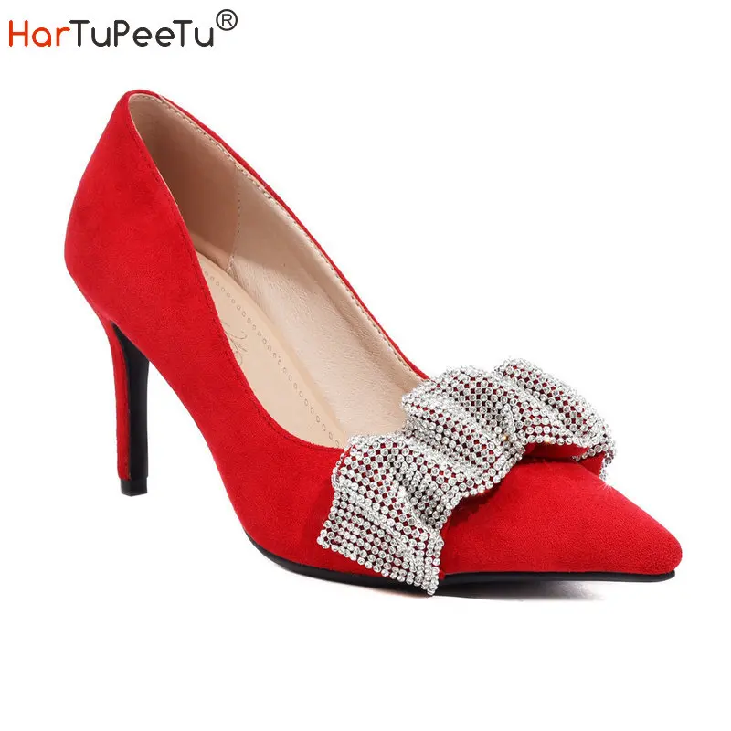 

Pointed Toe Pumps Women 8 cm High Heels 2022 Autumn Crystal Decorate Daily Stilettos Flock Slip on Wedding Shoes