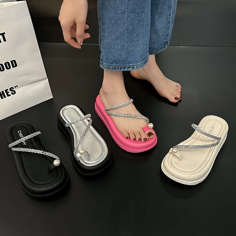 2023 Summer Women Flip Flop Shoes Fashion Crystal High Platform Flats Ladies Slippers Casual Beach Slides Female Outdoor Sandals