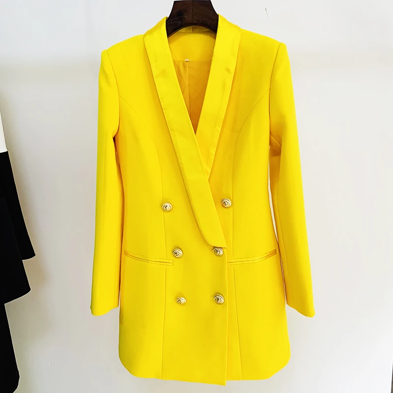 HIGH QUALITY Newest 2023 Designer Long Blazer Lion Buttons Double Breasted Satin Shawl Collar Blazer Dress Fluorescent Yellow