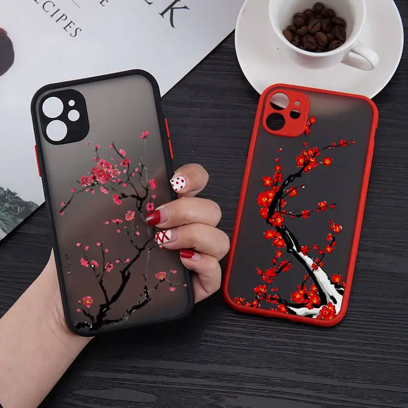 

Plum Blossom Flower Red Floral Phone Case matte transparent For iphone 11 12 13 6 s 7 8 plus mini x xs xr pro max cover