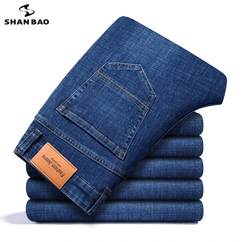 

SHAN BAO 2021 Autumn Brand Fitted Straight Jeans Classic Style Business Casual Young Men Mid-high Waist Fashion Denim Jeans