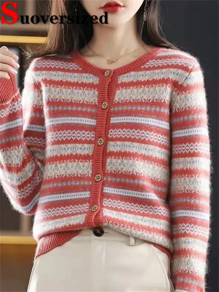 

Rainbow Stripe O-neck Knitted Cardigan Loose Elegant Korean Sweater Casual Spring Fall Chaqueta Knitwears Fashion New Tops
