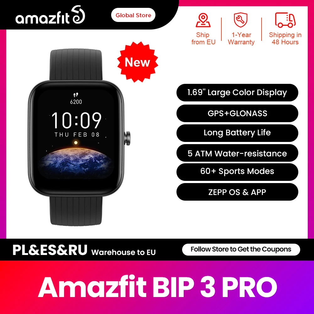Фото Смарт-часы Amazfit Bip 3 Pro водонепроницаемые (5 атм) с GPS | Электроника