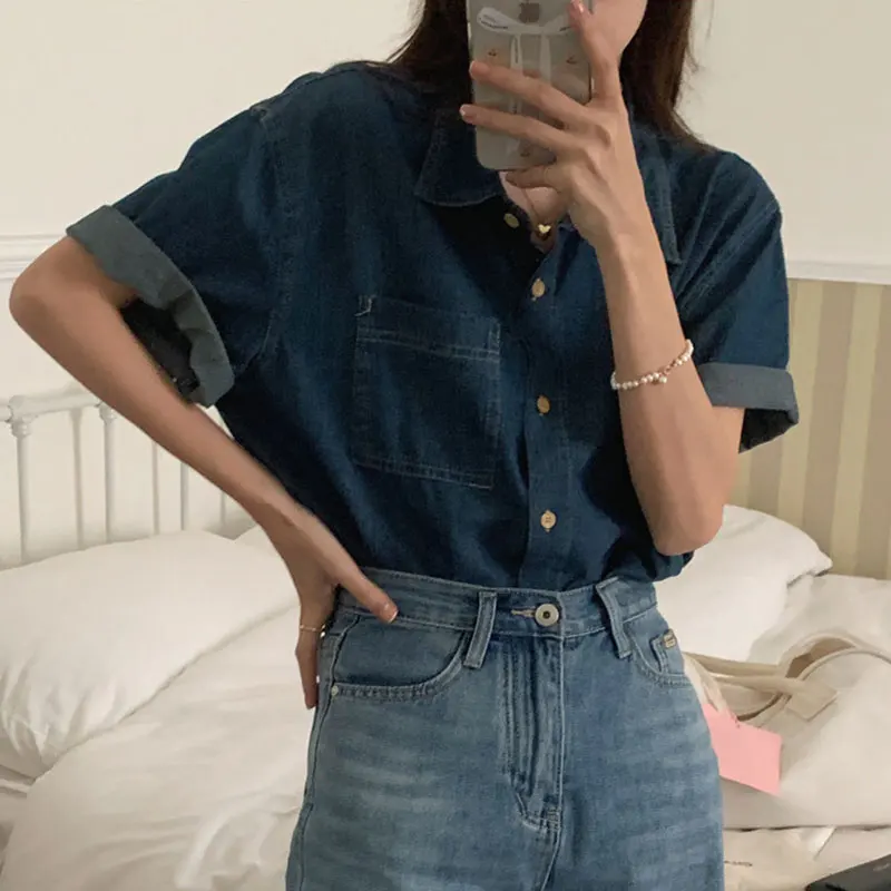 

Autumn Vintage Blouses For Women Single Breasted Half Sleeve Turn-down Collar Jeans Shirts Korean Fashion Casual Denim Blusas