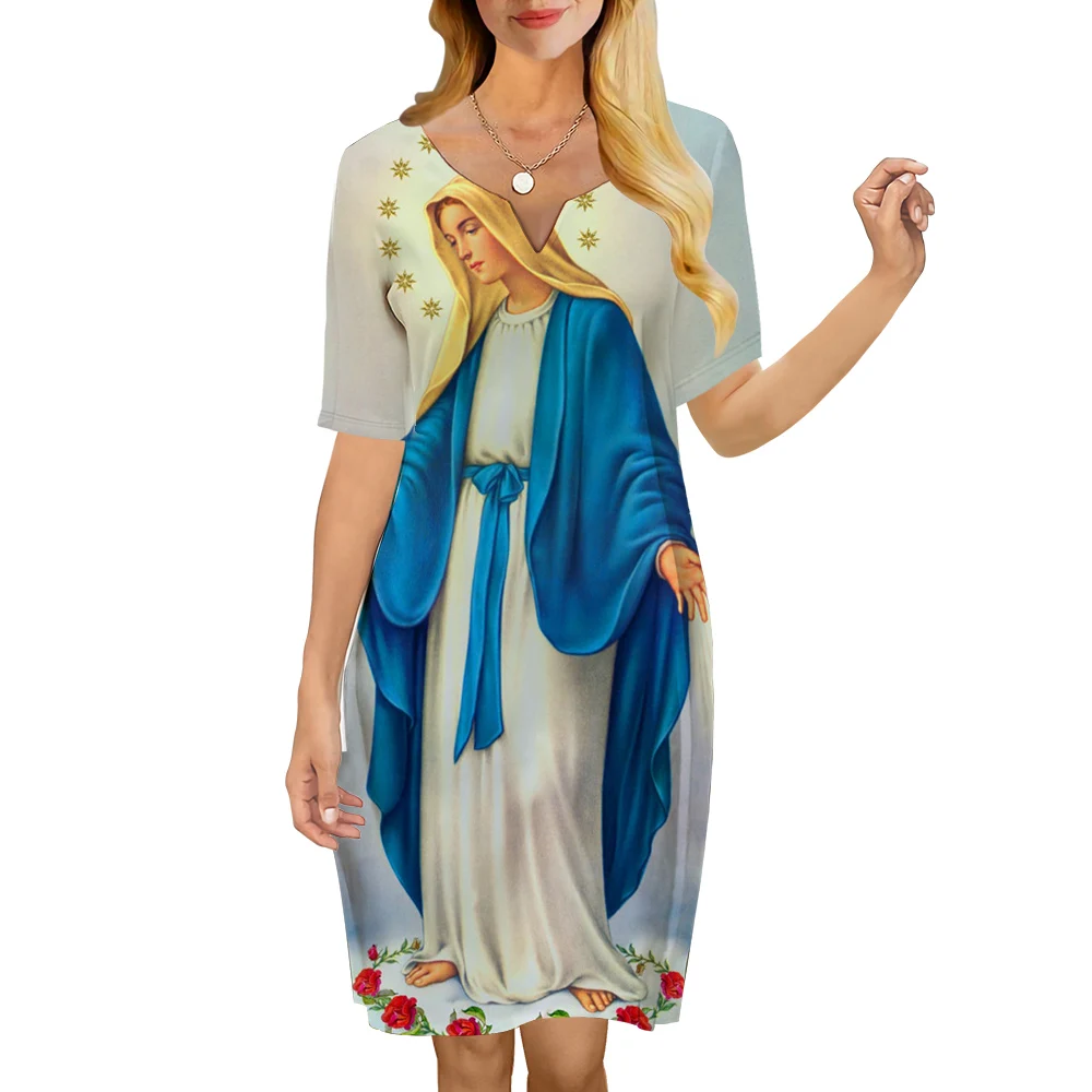 

CLOOCL Elegant Women V-Neck Dress Christian Catholic Virgin Mary Jesus Printed Short Sleeve Knee-length Dress Aesthetic Clothes