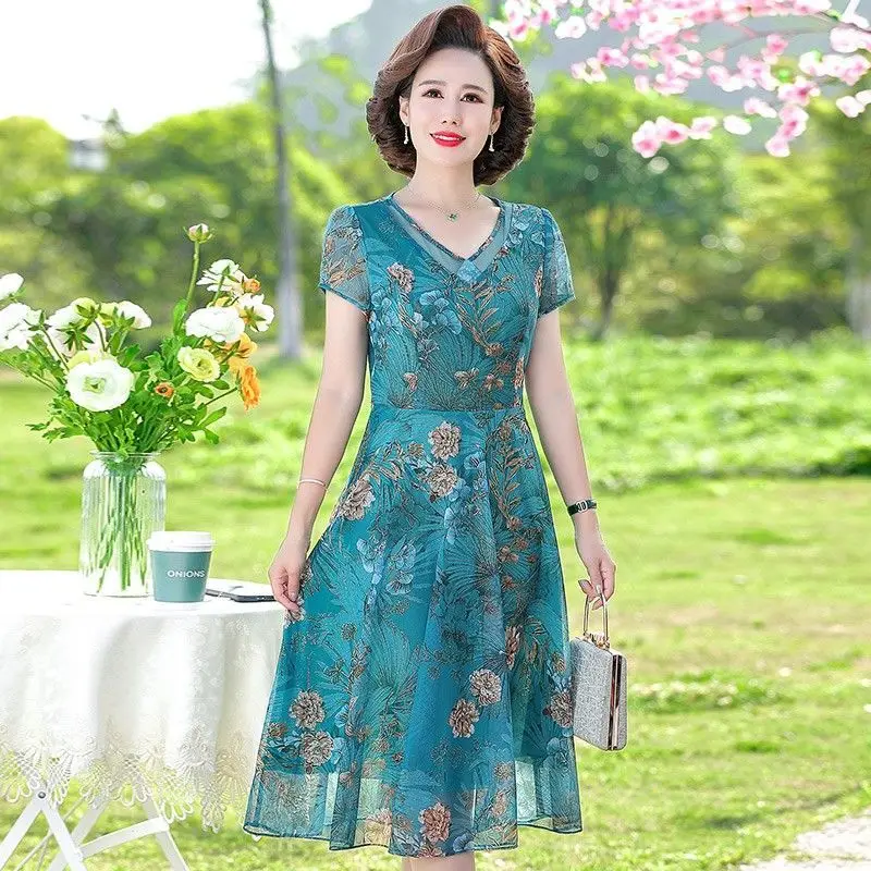 

Noble Mother Dress Summer Middle-aged and Elderly Floral Midi Dress Womens Chiffon Sleeves Loose Western Style Vestidos E93