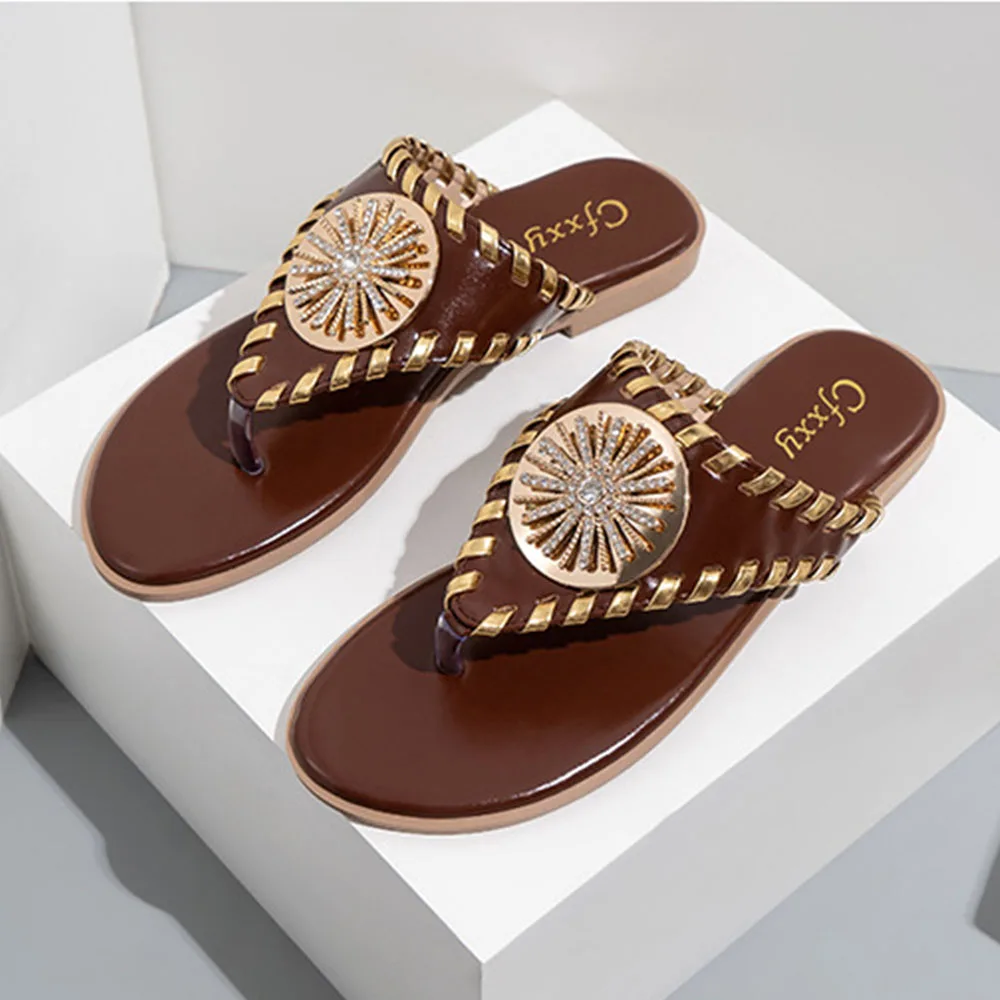 Designer luxury female fashion rhinestone gold woven flip-flops female beach flat flip flops slippers