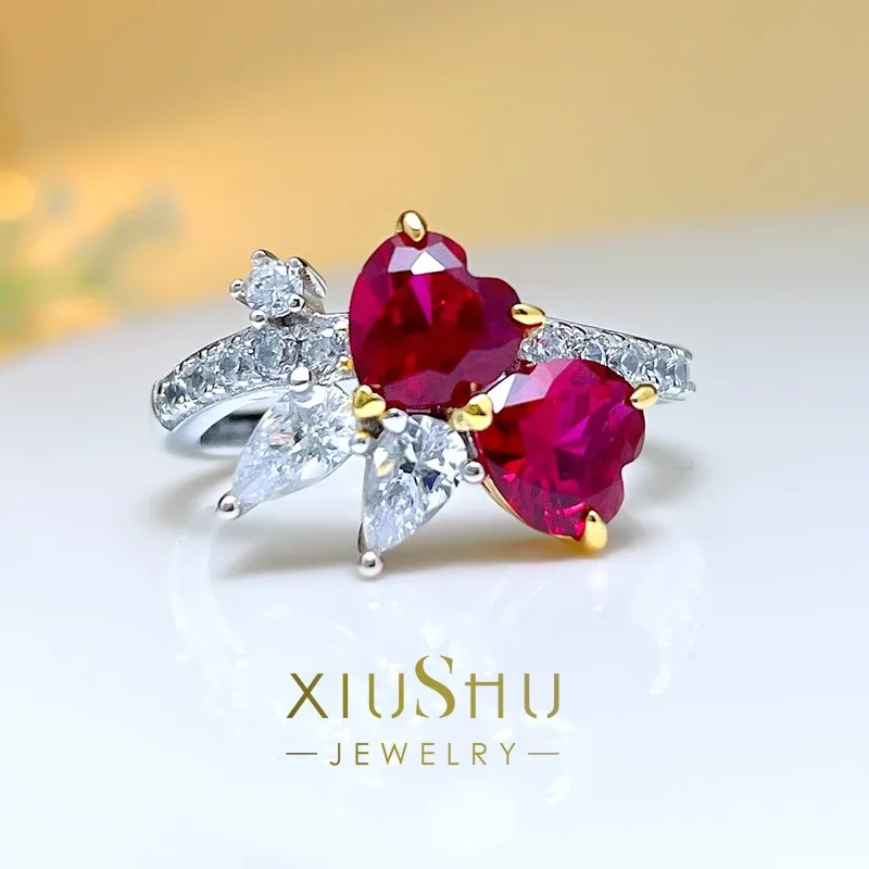 

1 Carat Artificial Pigeon Blood Ruby Double Love Ring Set Advanced New Sweet Fashion 925 Silver J95