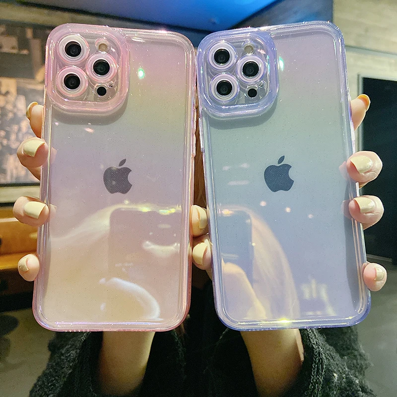 

Glitter Gradient Rainbow Laser Phone Case For iPhone 14 13 12 11 Pro XS Max XR X Luxury Aurora Clear Soft Shockproof Cover Funda