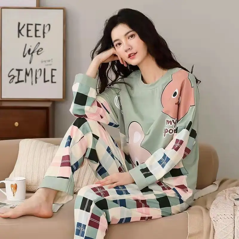 Pure Cotton Pajamas Women's Spring and Autumn Models Long-sleeved Home Service Women's Simple Loose Casual Suit Large Size 5XL