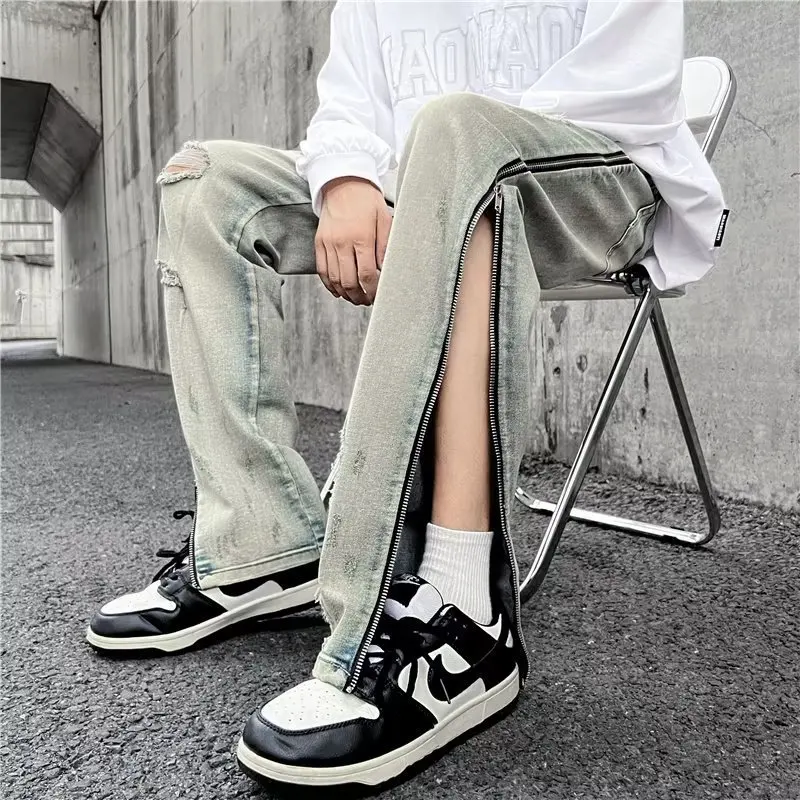 DEEPTOWN Zipper Ripped Jeans Casual Denim Pants Men Trousers Male Fashion Loose Spring Autumn Hip Hop Streetwear Korean hole